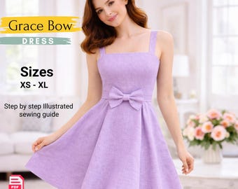 Patrón de costura en PDF para vestido Grace Bow / Patrón de vestido ajustado y con vuelo / Vestido con falda de paneles / Vestido con lazo en la cintura / Tutorial de costura para principiantes