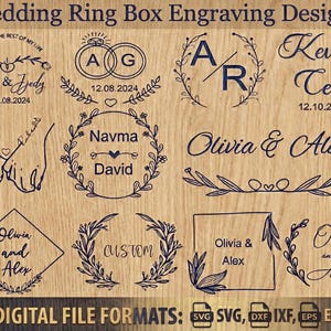 Puede incluir: Diseños de grabado para cajas de anillos de boda de madera con varios nombres, fechas y elementos decorativos. Los diseños incluyen coronas florales, anillos entrelazados y opciones de texto personalizadas. Nombres: Kevin & Cecily, Olivia & Alex, Maria & James.