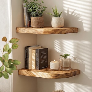 Op de afbeelding: Twee houten hoekplanken met planten, boeken en een kaars. De planken zijn gemaakt van lichtbruin hout en zijn aan een witte muur bevestigd. De bovenste plank bevat twee potplanten en een boek. De onderste plank bevat boeken, een kaars en een kleine plant in een glazen bak.
