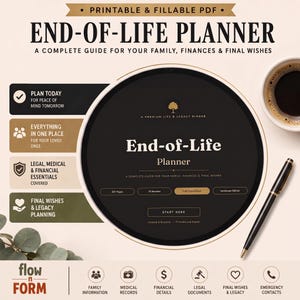 Puede incluir: Un planificador de fin de vida en PDF imprimible y rellenable con una interfaz circular negra y texto blanco. Incluye secciones para familia, finanzas y deseos finales, con 201 páginas, 16 secciones y navegación mediante hipervínculos.