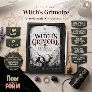 Può includere: Un tablet digitale che mostra The Ultimate Witch's Grimoire & Planner, un PDF con collegamenti ipertestuali per reMarkable. La copertina presenta un corvo su un albero, luna e cimitero. Include 185 pagine, 12 capitoli e sezioni su tarocchi e rituali.