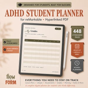 May include: An ADHD student planner digital file for reMarkable tablets, featuring a hyperlinked PDF with 448 pages. The screen displays an academic records page for tracking grades. Includes a stylus, monthly, weekly, and daily planning sections.