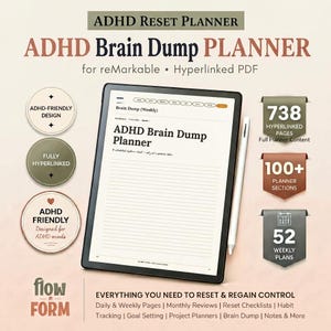 Puede incluir: Un planificador digital ADHD Brain Dump para tabletas reMarkable, con una interfaz PDF con hipervínculos. La pantalla muestra una página de volcado cerebral semanal con secciones rayadas. Incluye un lápiz óptico blanco y texto que detalla 738 páginas, 100+ secciones y 52 planes semanales.