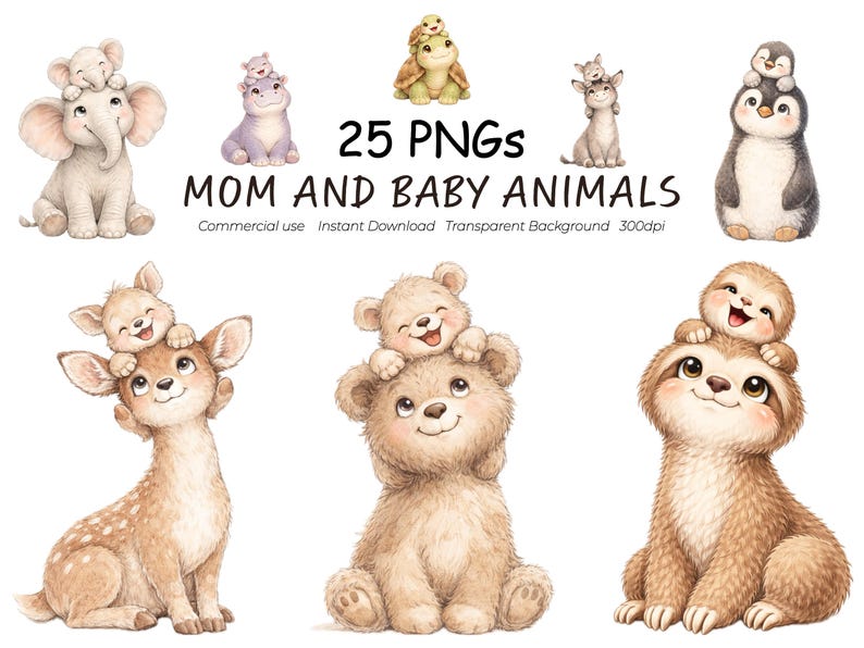 Mom and Baby Animals Clipart Bundle | 25 Cute PNG Animal Illustrations ...