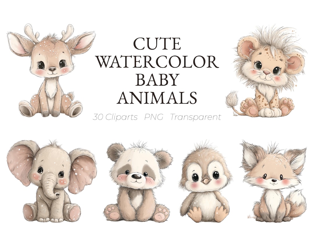 Cute Watercolor Boho Baby Animal Clipart | 30 Baby Animals PNG ...