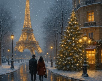 Christmas in Paris Printable Wall Art – Romantic Eiffel Tower Winter Scene, Cozy Holiday Home Decor