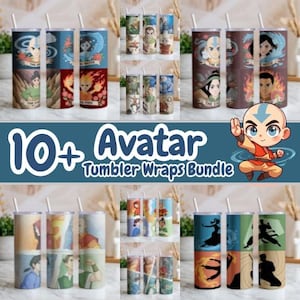 Puede incluir: Una colección de envoltorios para vasos con temática de Avatar. Los vasos presentan ilustraciones de personajes y símbolos de elementos en varios colores. La imagen incluye el texto "10+ Avatar Tumbler Wraps Bundle" y un personaje de dibujos animados.