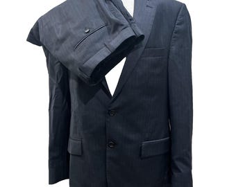 Completo vintage Ralph Lauren in 100% lana gessato, giacca nera, taglia 42R (35x31), anni '90, uomo.