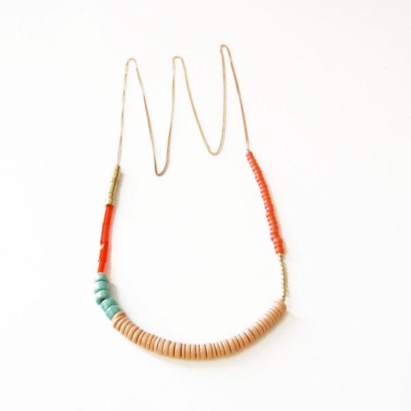 Beaded Colorblocked Long Necklace in Coral and Pink, The Ankaa