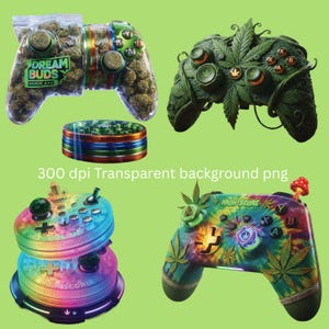 Könnte beinhalten: Vier individuelle Videospiel-Controller mit einzigartigen Designs. Ein Controller ist mit Knospen gefüllt und trägt den Text "DREAM BUDS". Ein anderer ist mit grünen Blättern bedeckt. Ein dritter ist im Batik-Stil mit dem Text "HIGH SCORE". Ein vierter ist regenbogenfarben.