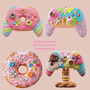 May include: Four colorful game controllers with a donut theme. Each controller features a unique design with sprinkles, frosting, and donut shapes. The image includes the text "23 Designs bundle 300 dpi Transparent background png."