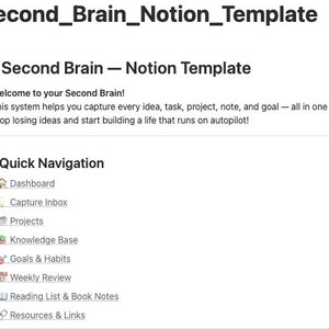 May include: A white digital document titled "Second Brain - Notion Template." The document includes a welcome message and a list of navigation options such as Dashboard, Capture Inbox, Projects, Knowledge Base, Goals & Habits, Weekly Review, Reading List & Book Notes, and Resources & Links.