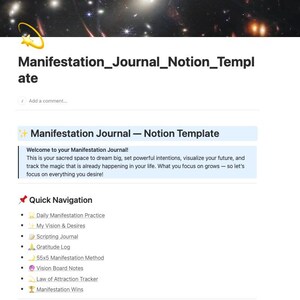 Puede incluir: Una plantilla digital titulada "Manifestation Journal - Notion Template" con un fondo celestial. La plantilla incluye secciones para la práctica diaria, la visión, la gratitud y más. El texto anima a los usuarios a soñar en grande y a centrarse en sus deseos.