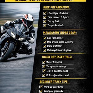 以下が含まれることがあります： 「MOTORBIKE TRACK DAY CHECKLIST」というテキストが入った白黒画像。チェックリストには、バイクの準備、必須のライダーギア、トラックデイの必需品、初心者向けのヒントが含まれています。オートバイのギアを身に着けた人が黒いオートバイに乗っています。