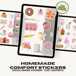 Könnte beinhalten: Digitale Backaufkleber auf einem Tablet-Bildschirm. Die Aufkleber zeigen einen Donut, ein Croissant, ein Nudelholz und Brot. Der Text "baked with love" ist sichtbar. Der untere Teil des Bildes lautet "HOMEMADE COMFORT STICKERS DIGITAL BAKING STICKERS COZY AESTHETIC."