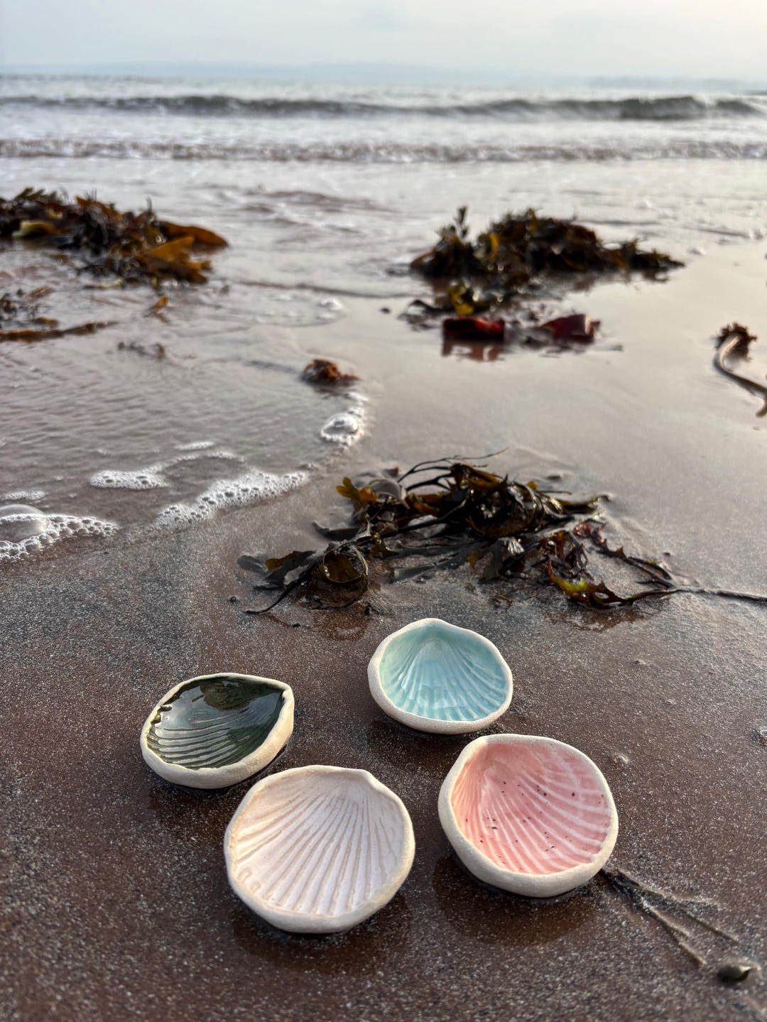 Handmade Pottery Ring Dish: Devon Beach Shell Imprint, Aqua Blue, Green ...