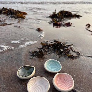 Handmade Pottery Ring Dish: Devon Beach Shell Imprint, Aqua Blue, Green, Pink and White Glaze