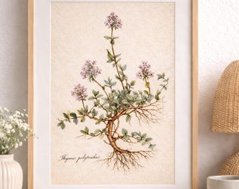 Herb Wall Art Printable – Botanical Thyme Print, Vintage Herbal Illustration, Kitchen & Nature Decor