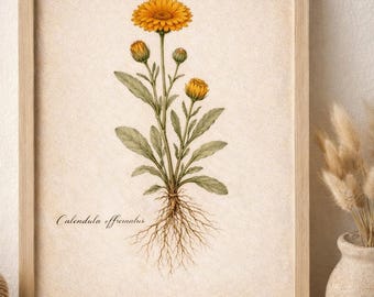 Calendula Botanical Print, Vintage Herbal Illustration (Digital Download)