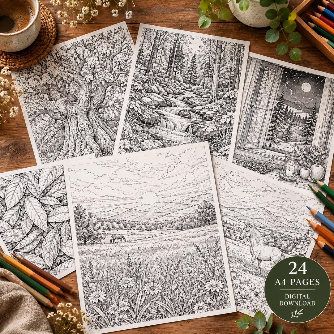 Adult Coloring Book, Watercolor Landscape Coloring Pages, Junk Journal ...