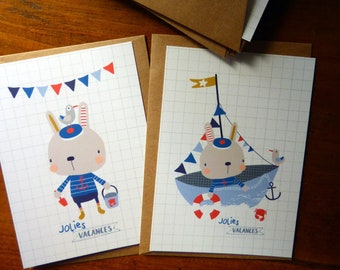 Illustrated " Sailor Bunny" postcards. Pack of 2 postcards. Rabbit postcard Set.
