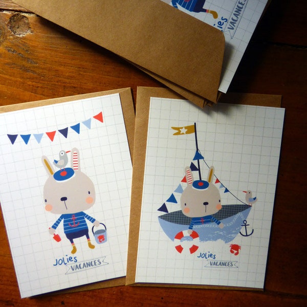 Lot de 2 cartes postales "jolies vacances". Illustration lapin.