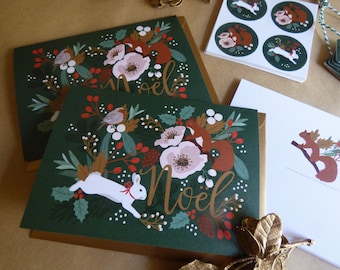 Lot de 2 cartes de voeux Noël vert. Cartes de Noël. parfait pour les amoureux des lapins !