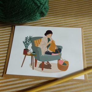Carte postale Tricoteuse, série Un lapin à la maison image 2