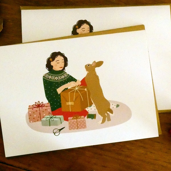 Lot de 2 cartes de voeux "Noël rétro". Il est temps d'emballer les cadeaux. Cartes de Noël pour les amoureux des lapins.