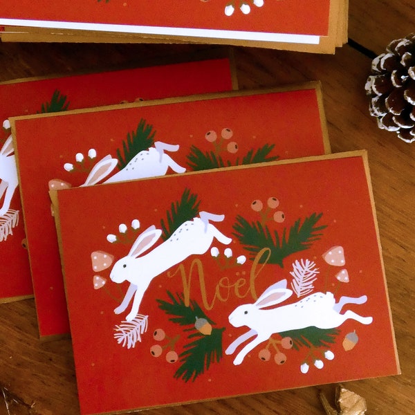 Lot de 3 cartes de voeux "Lapin blanc de Noël". Parfait pour les amoureux des lapins !