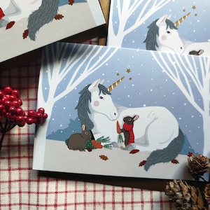 Lot de 2 cartes de voeux "Licorne et lapins". Pour un Noël magique !