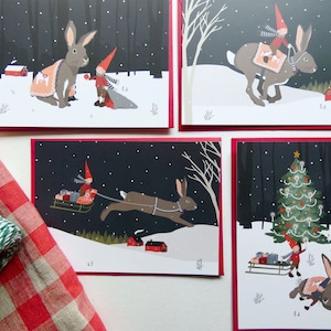Lot de 4 cartes postales "Lapin et lutins de Noël"