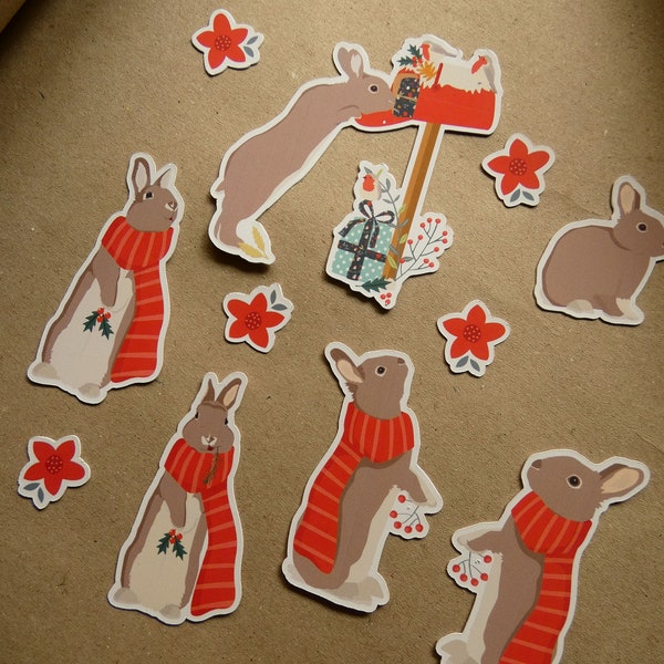 Lot de 11 stickers "Petit lapin de Noël". Stickers parfaits pour  embellir vos paquets cadeaux de Noël.