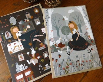 Set of 2 Alice in Wonderland postcards