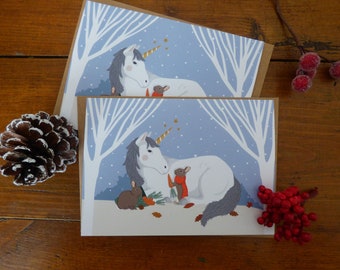 Set of 2 "Unicorn and rabbits"  greeting cards. For a magical Christmas ! Perfect for unicorn and rabbit lover !