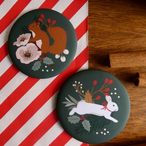 Set of 2 woodland round magnets. Christmas Fridge magnet for Bunny lovers.