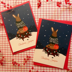 Lot de 2 cartes postales "Pull de Noël". Carte de Noël idéale pour les amoureux des lapins !