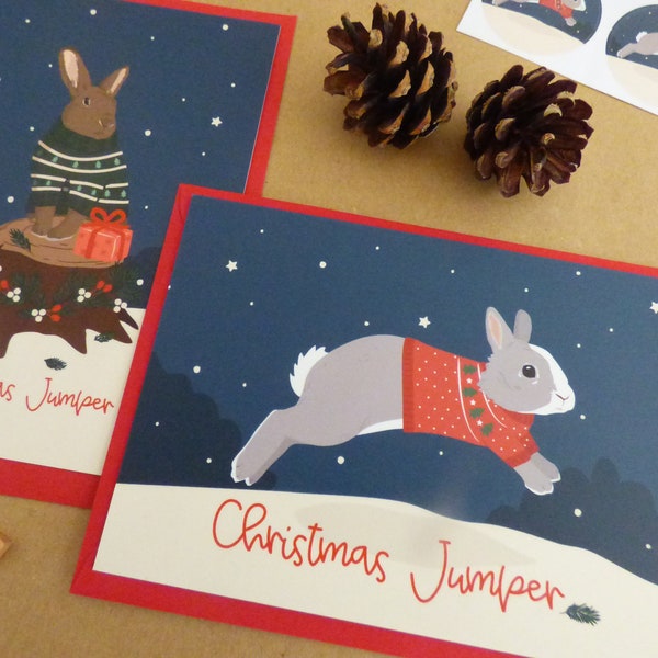 Lot de 2 cartes postales "Pull de Noël". Carte de Noël idéale pour les amoureux des lapins !