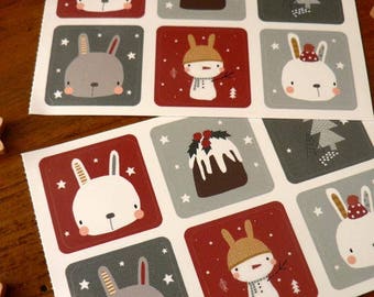 Set of 12 Christmas Mini-stickers  featuring bunnies, christmas pudding and a snowbunny