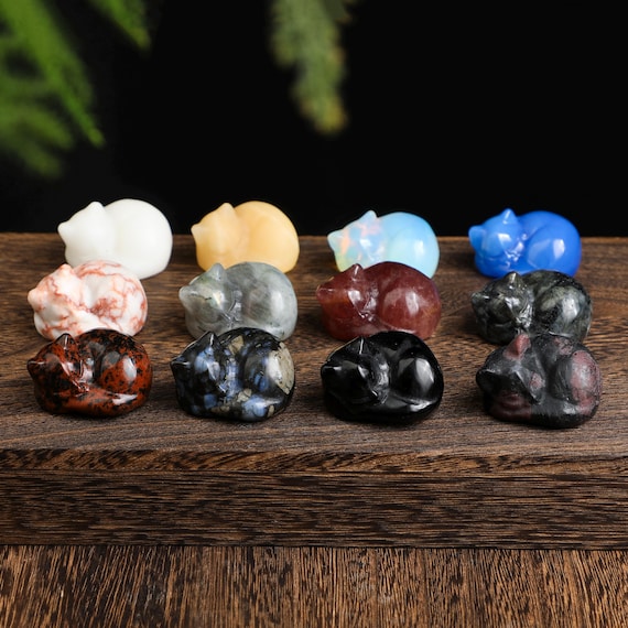 Hand Carved Crystal Sleeping Cat Figurine | 4cm Healing Stone Animal Decor