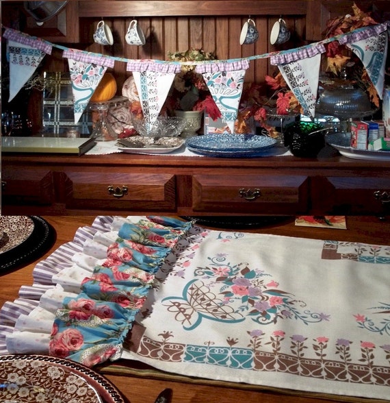 English Garden Table Runner and Banner Pennant to Match Teal Blue Pink Lavender vintage Il_570xn