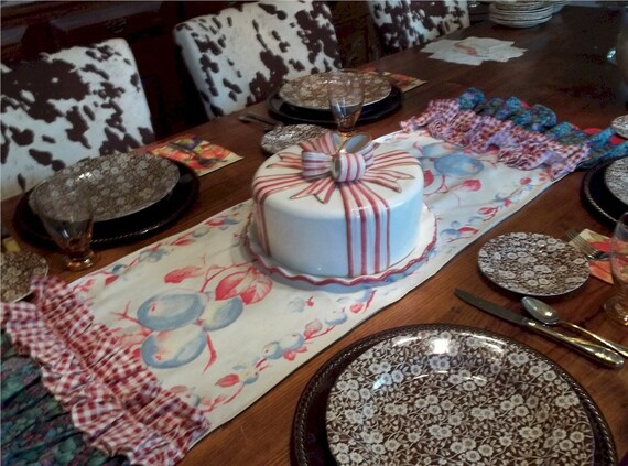 46” Vintage Apple Table Runner with Blue Print, Red, and Red Gingham Ruffles Il_570xn