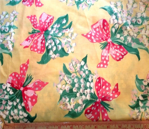 Lilly of the Valley yellow print with pink polka dot bow 44” wide Kessler fabric Il_570xn