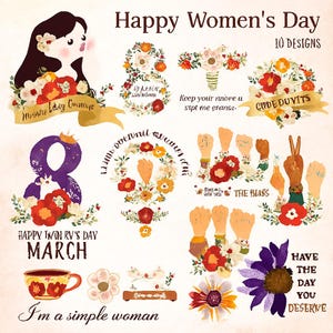 Puede incluir: Ilustración digital para el Día de la Mujer, con diseños florales, gestos con las manos y el texto "Happy Women's Day". La imagen incluye un retrato de mujer, una taza de té y la frase "I'm a simple woman".