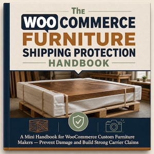 Könnte beinhalten: Ein quadratisches Buch mit dem Titel The WooCommerce Furniture Shipping Protection Handbook. Das Cover zeigt ein Möbelstück aus Holz auf einer Palette mit weißem Schaumstoffkantenschutz, einem Schildsymbol und einem Kamerasymbol.