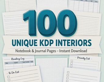 100 KDP Notebook Interiors PDF | Lined, Dotted, Grid, To-Do, Study & Writing Pages | Low Content Interior Bundle