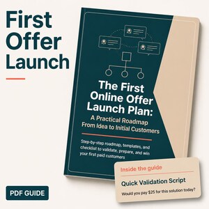 Könnte beinhalten: Ein digitaler PDF-Leitfaden mit dem Titel First Offer Launch, The First Online Offer Launch Plan: A Practical Roadmap From Idea to Initial Customers. Das Cover zeigt ein dunkelblaugrünes und beiges Design mit einer Grafik und Karte.