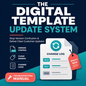 Könnte beinhalten: Eine Grafik für ein digitales Vorlagen-Aktualisierungssystem mit dem Text THE DIGITAL TEMPLATE UPDATE SYSTEM, Stop Version Confusion & Deliver Clear Customer Updates, Version Control, Clear Naming, Change Logs, Troubleshooting Manual, What's New.