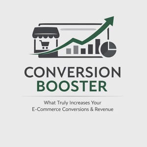 Peut inclure: Graphique numérique avec les mots "CONVERSION BOOSTER" en vert foncé. L'image comprend une icône de panier d'achat, un graphique linéaire avec une flèche vers le haut et le texte "Ce qui augmente vraiment vos conversions et revenus e-commerce."