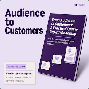 Peut inclure: Un guide PDF violet intitulé Audience to Customers: A Practical Online Growth Roadmap. La couverture présente du texte blanc, un sous-titre 90-Day Plan et des icônes représentant les réseaux sociaux, les e-mails et le suivi des prospects. Un encadré Inside the guide détaille un Lead Magnet Blueprint.